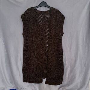 Knitted Long Sleeves Cardigan, Long West with Pockets, Color Chocolate, Size S